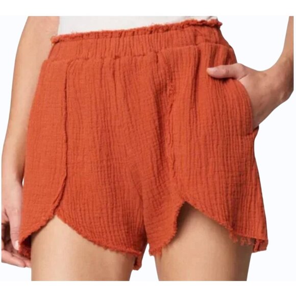 BlankNYC Women's Frayed Hem Stretch Waist Rust Orange Shorts Cotton Blend Small - Picture 2 of 11